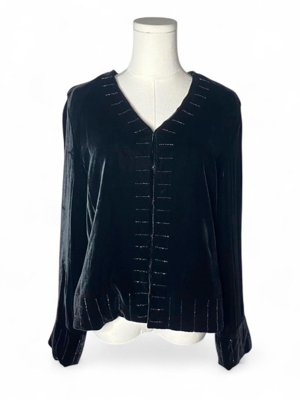 Vintage Zelda Black Velvet Beaded Trim Long Sleeve Top